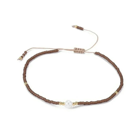 Hand Crafted Real Freshwater Pearl Mocha Brown Japanese Glass Beads Bracelet - Picture 2 of 3